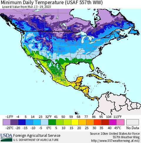 North America Minimum Daily Temperature (USAF 557th WW) Thematic Map For 3/13/2023 - 3/19/2023