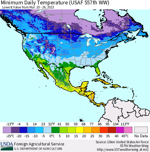 North America Minimum Daily Temperature (USAF 557th WW) Thematic Map For 3/20/2023 - 3/26/2023