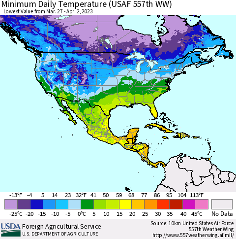 North America Minimum Daily Temperature (USAF 557th WW) Thematic Map For 3/27/2023 - 4/2/2023
