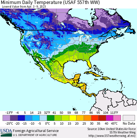North America Minimum Daily Temperature (USAF 557th WW) Thematic Map For 4/3/2023 - 4/9/2023