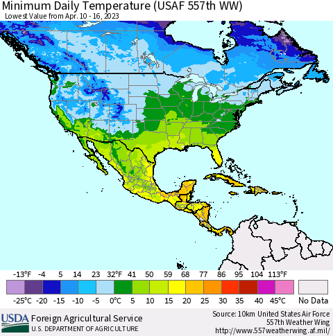 North America Minimum Daily Temperature (USAF 557th WW) Thematic Map For 4/10/2023 - 4/16/2023