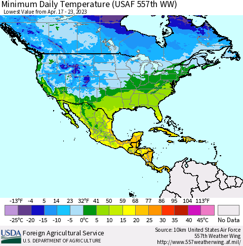 North America Minimum Daily Temperature (USAF 557th WW) Thematic Map For 4/17/2023 - 4/23/2023