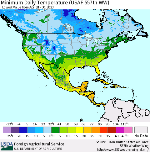 North America Minimum Daily Temperature (USAF 557th WW) Thematic Map For 4/24/2023 - 4/30/2023