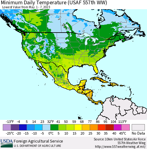 North America Minimum Daily Temperature (USAF 557th WW) Thematic Map For 5/1/2023 - 5/7/2023