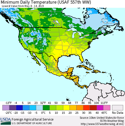 North America Minimum Daily Temperature (USAF 557th WW) Thematic Map For 5/8/2023 - 5/14/2023