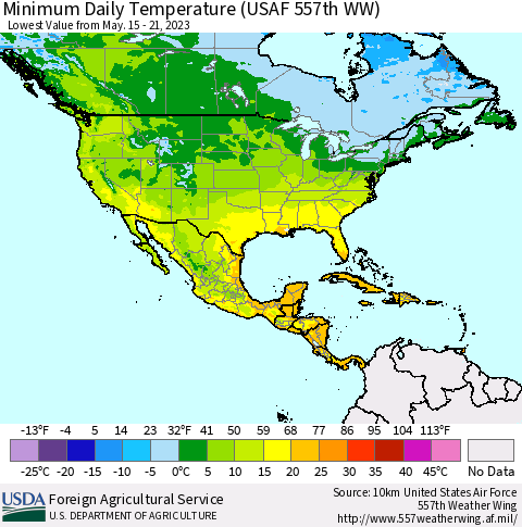 North America Minimum Daily Temperature (USAF 557th WW) Thematic Map For 5/15/2023 - 5/21/2023