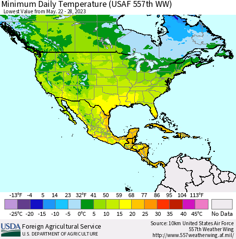 North America Minimum Daily Temperature (USAF 557th WW) Thematic Map For 5/22/2023 - 5/28/2023