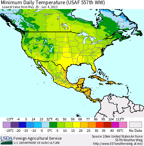 North America Minimum Daily Temperature (USAF 557th WW) Thematic Map For 5/29/2023 - 6/4/2023
