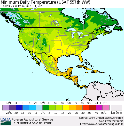 North America Minimum Daily Temperature (USAF 557th WW) Thematic Map For 6/5/2023 - 6/11/2023