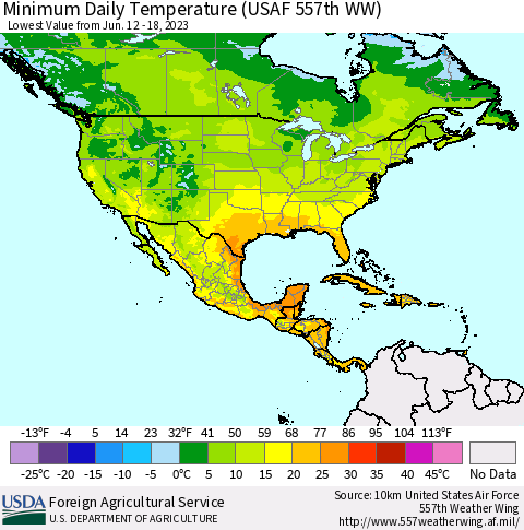 North America Minimum Daily Temperature (USAF 557th WW) Thematic Map For 6/12/2023 - 6/18/2023