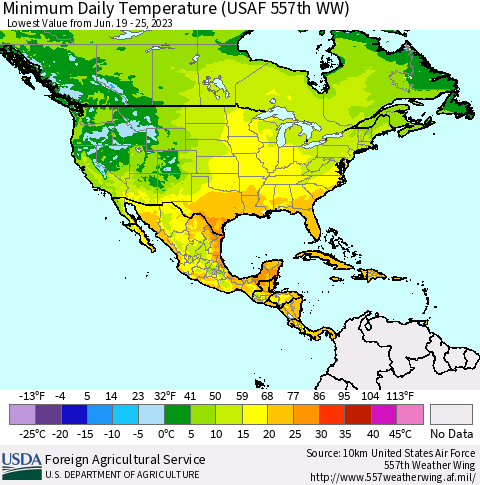 North America Minimum Daily Temperature (USAF 557th WW) Thematic Map For 6/19/2023 - 6/25/2023