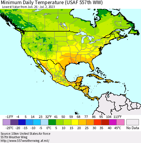North America Minimum Daily Temperature (USAF 557th WW) Thematic Map For 6/26/2023 - 7/2/2023