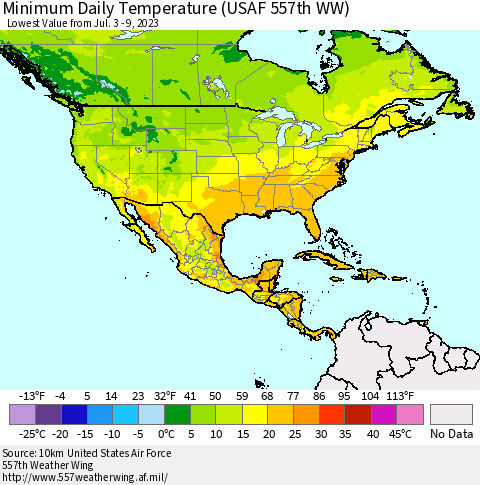 North America Minimum Daily Temperature (USAF 557th WW) Thematic Map For 7/3/2023 - 7/9/2023