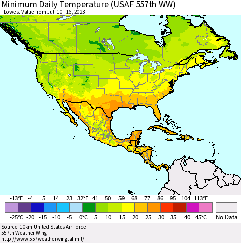 North America Minimum Daily Temperature (USAF 557th WW) Thematic Map For 7/10/2023 - 7/16/2023