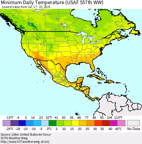 North America Minimum Daily Temperature (USAF 557th WW) Thematic Map For 7/17/2023 - 7/23/2023