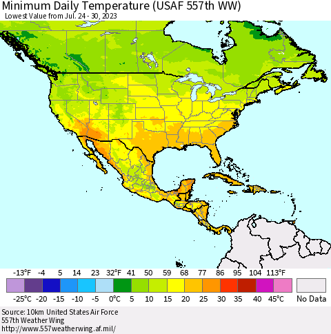 North America Minimum Daily Temperature (USAF 557th WW) Thematic Map For 7/24/2023 - 7/30/2023