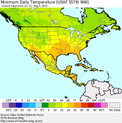 North America Minimum Daily Temperature (USAF 557th WW) Thematic Map For 7/31/2023 - 8/6/2023