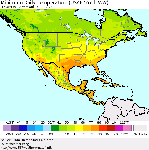 North America Minimum Daily Temperature (USAF 557th WW) Thematic Map For 8/7/2023 - 8/13/2023