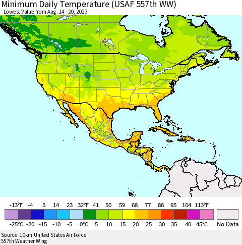 North America Minimum Daily Temperature (USAF 557th WW) Thematic Map For 8/14/2023 - 8/20/2023