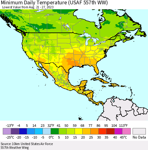 North America Minimum Daily Temperature (USAF 557th WW) Thematic Map For 8/21/2023 - 8/27/2023