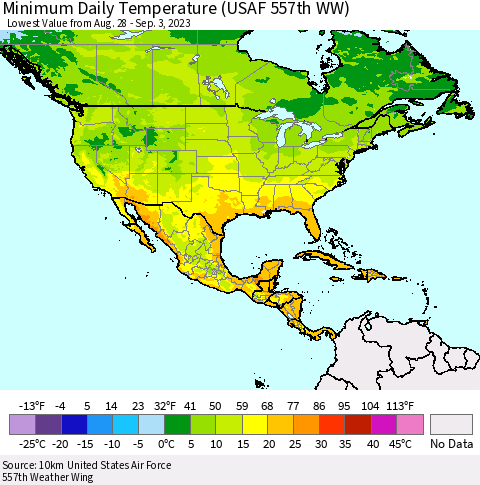 North America Minimum Daily Temperature (USAF 557th WW) Thematic Map For 8/28/2023 - 9/3/2023