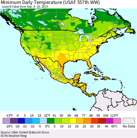 North America Minimum Daily Temperature (USAF 557th WW) Thematic Map For 9/4/2023 - 9/10/2023