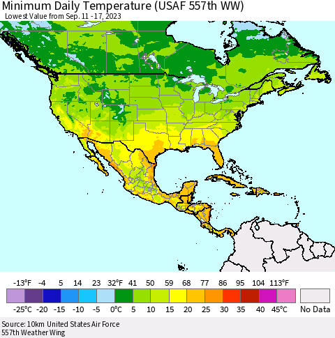 North America Minimum Daily Temperature (USAF 557th WW) Thematic Map For 9/11/2023 - 9/17/2023