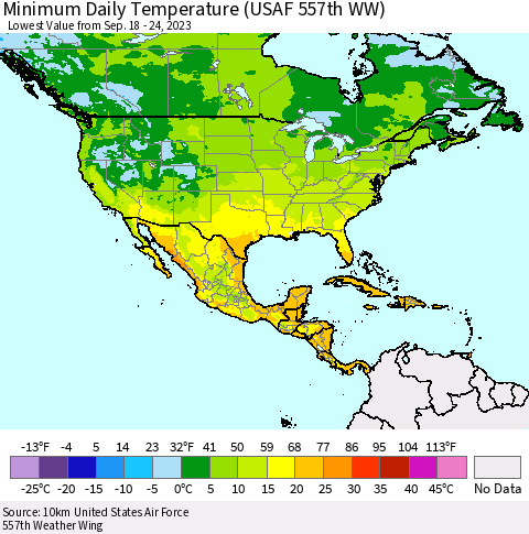 North America Minimum Daily Temperature (USAF 557th WW) Thematic Map For 9/18/2023 - 9/24/2023