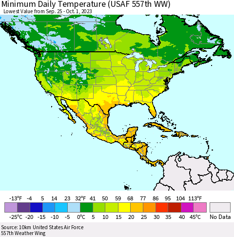 North America Minimum Daily Temperature (USAF 557th WW) Thematic Map For 9/25/2023 - 10/1/2023