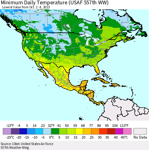 North America Minimum Daily Temperature (USAF 557th WW) Thematic Map For 10/2/2023 - 10/8/2023