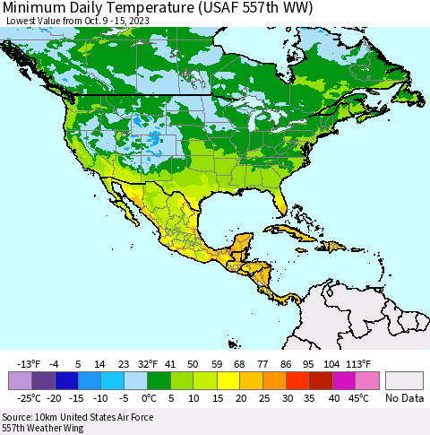 North America Minimum Daily Temperature (USAF 557th WW) Thematic Map For 10/9/2023 - 10/15/2023