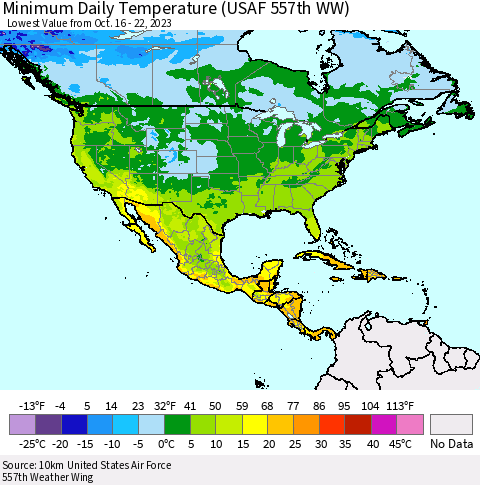 North America Minimum Daily Temperature (USAF 557th WW) Thematic Map For 10/16/2023 - 10/22/2023