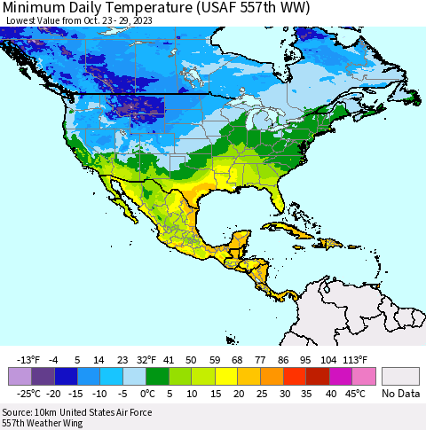 North America Minimum Daily Temperature (USAF 557th WW) Thematic Map For 10/23/2023 - 10/29/2023