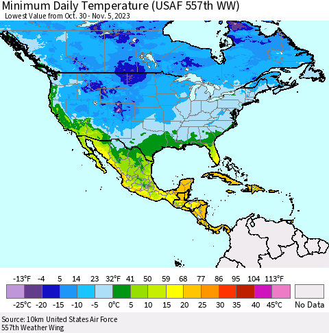 North America Minimum Daily Temperature (USAF 557th WW) Thematic Map For 10/30/2023 - 11/5/2023