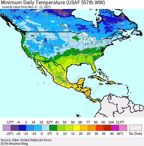 North America Minimum Daily Temperature (USAF 557th WW) Thematic Map For 11/6/2023 - 11/12/2023