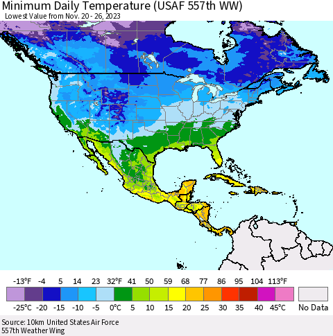 North America Minimum Daily Temperature (USAF 557th WW) Thematic Map For 11/20/2023 - 11/26/2023