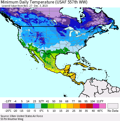 North America Minimum Daily Temperature (USAF 557th WW) Thematic Map For 11/27/2023 - 12/3/2023