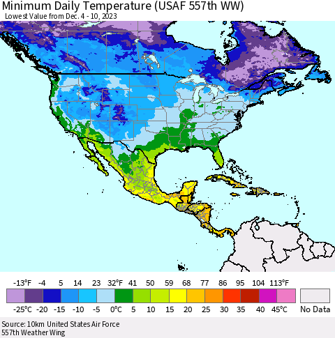 North America Minimum Daily Temperature (USAF 557th WW) Thematic Map For 12/4/2023 - 12/10/2023