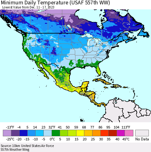 North America Minimum Daily Temperature (USAF 557th WW) Thematic Map For 12/11/2023 - 12/17/2023