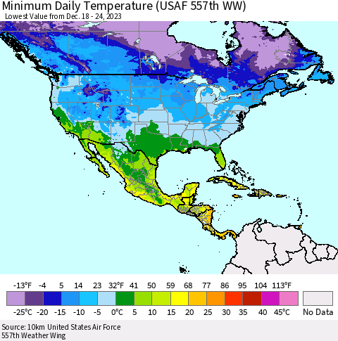 North America Minimum Daily Temperature (USAF 557th WW) Thematic Map For 12/18/2023 - 12/24/2023
