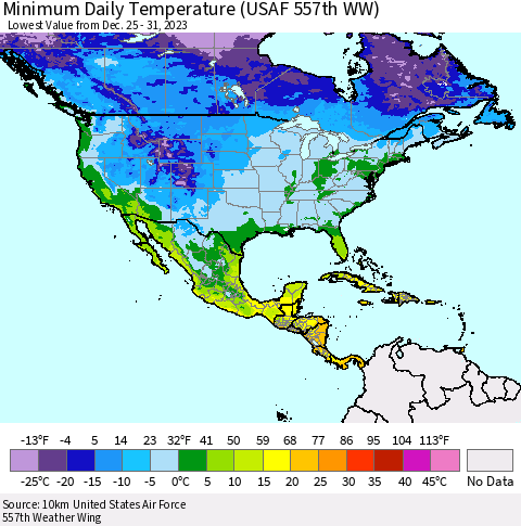 North America Minimum Daily Temperature (USAF 557th WW) Thematic Map For 12/25/2023 - 12/31/2023