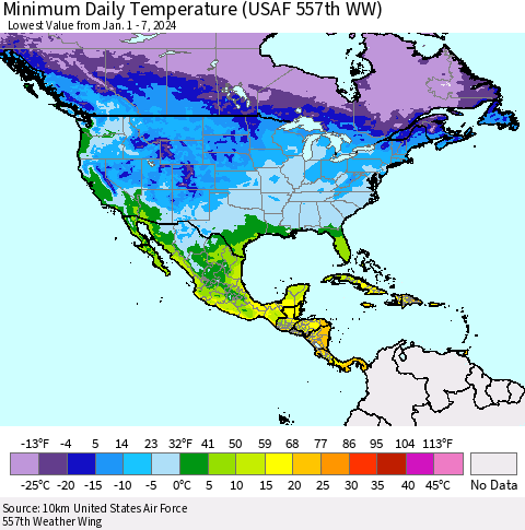 North America Minimum Daily Temperature (USAF 557th WW) Thematic Map For 1/1/2024 - 1/7/2024