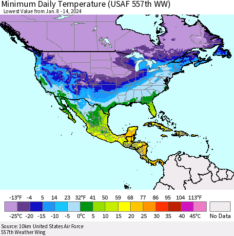 North America Minimum Daily Temperature (USAF 557th WW) Thematic Map For 1/8/2024 - 1/14/2024