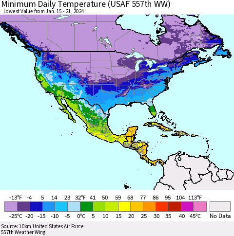 North America Minimum Daily Temperature (USAF 557th WW) Thematic Map For 1/15/2024 - 1/21/2024