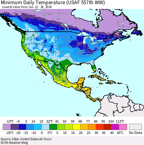 North America Minimum Daily Temperature (USAF 557th WW) Thematic Map For 1/22/2024 - 1/28/2024