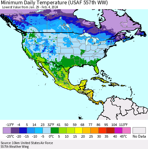 North America Minimum Daily Temperature (USAF 557th WW) Thematic Map For 1/29/2024 - 2/4/2024