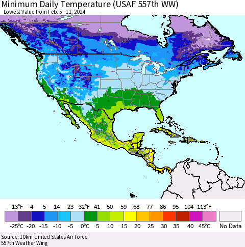 North America Minimum Daily Temperature (USAF 557th WW) Thematic Map For 2/5/2024 - 2/11/2024