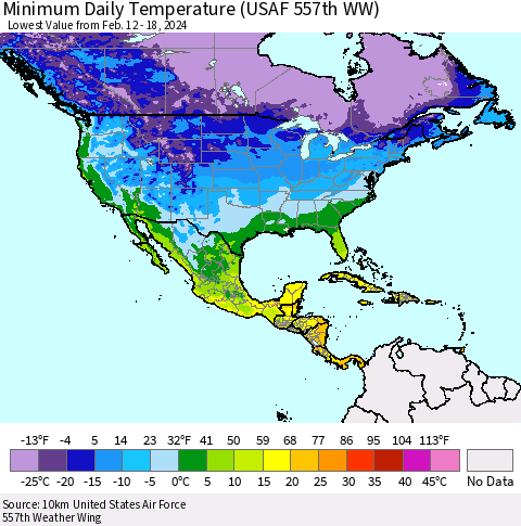 North America Minimum Daily Temperature (USAF 557th WW) Thematic Map For 2/12/2024 - 2/18/2024