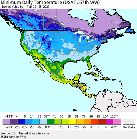 North America Minimum Daily Temperature (USAF 557th WW) Thematic Map For 2/19/2024 - 2/25/2024