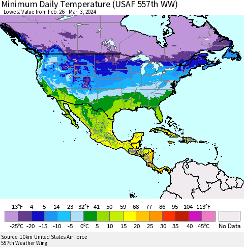 North America Minimum Daily Temperature (USAF 557th WW) Thematic Map For 2/26/2024 - 3/3/2024